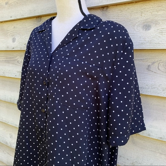 Vintage 90s Black Polka Dot Print Button Down Short Sleeve Collared Popover Top - Picture 5 of 16